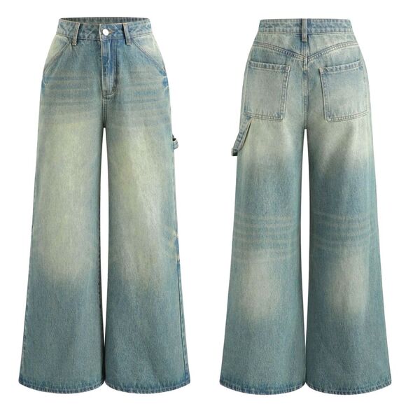 NWT Cider High Waist Wide Leg Carpenter Jeans Light Grunge Wash Size Medium NEW - Picture 15 of 16